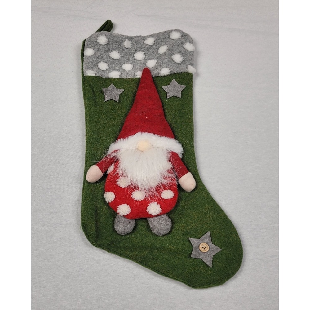 Gnome Felt Christmas Stocking Green Stocking with Red Gnome 18 Inch